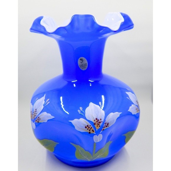 Fenton Blue Overlay Cased Glass White Hand-Painted Flowers Pinched Ruffle Vase - Picture 8 of 9